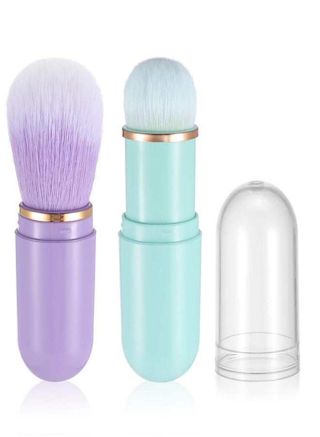 Yuanchu Retractable Kabuki Makeup Brushes, 2 Pcs Travel Makeup Brushes Blush Brushes Cute Powder Brush Foundation Brush for Liquid Foundation Pressed Powder Contouring Cream(Green+Purple) - Image 1